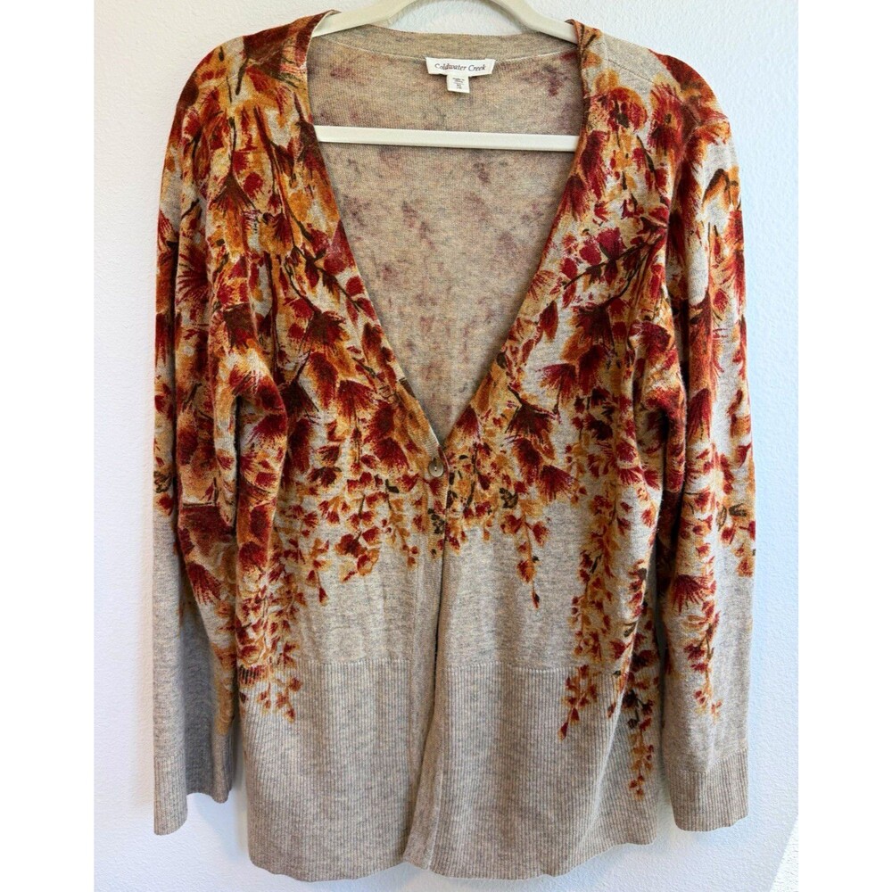 Coldwater Creek Beige Brown Floral Knit V-Neck Long Sleeve Cardigan Sweater XL
